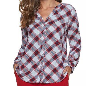 ELLE Bow Detail Button-Down Serena Plaid Blouse Women's Small